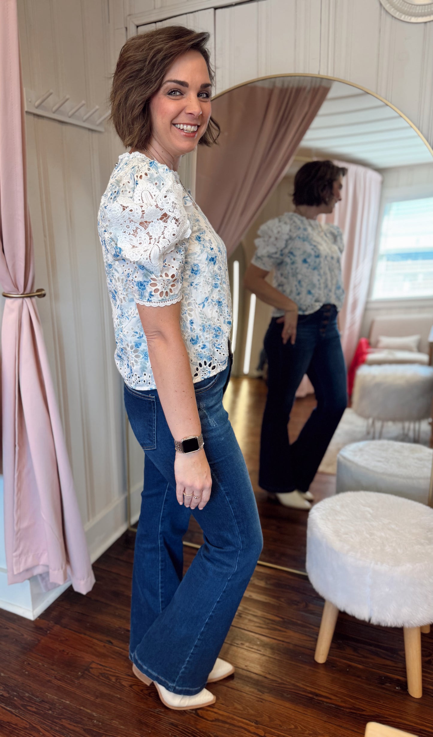 Blue Floral Eyelet Puff Sleeve Top