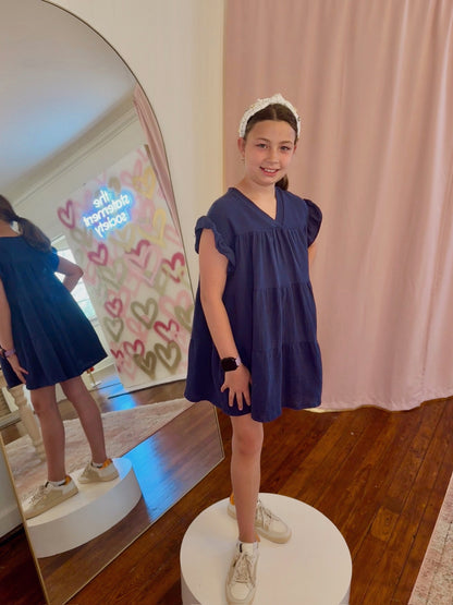 Ruffle Sleeve Gauze Dress - Navy