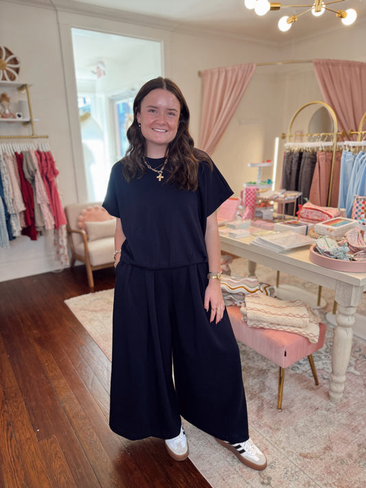 Navy Neoprene Pleated Pants