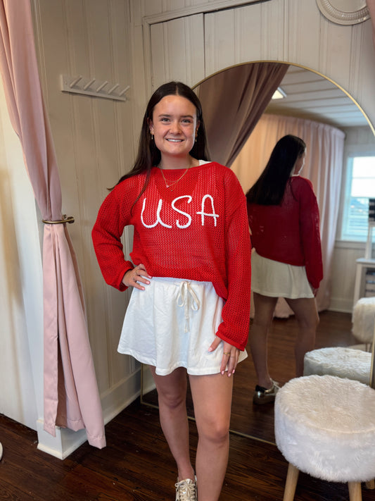USA Rope Embroidered Crocket Sweater-Red