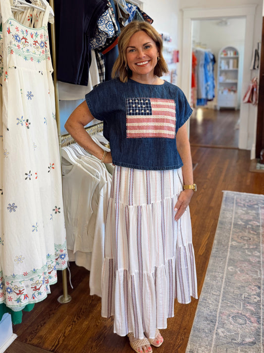 Flag Patch Mixed Fabric Top