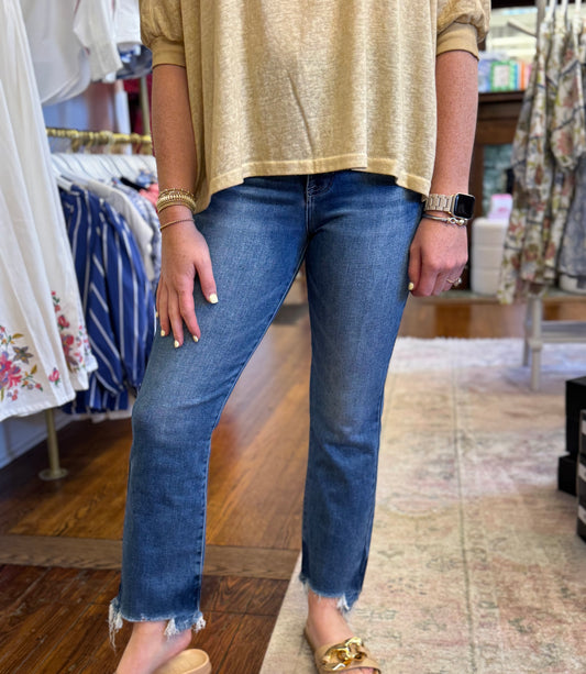 High Rise Straight Leg Fray Hem Jeans