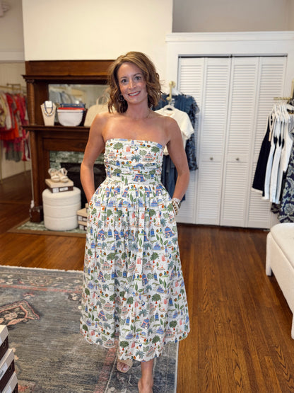 Tropical Strapless Midi Dress