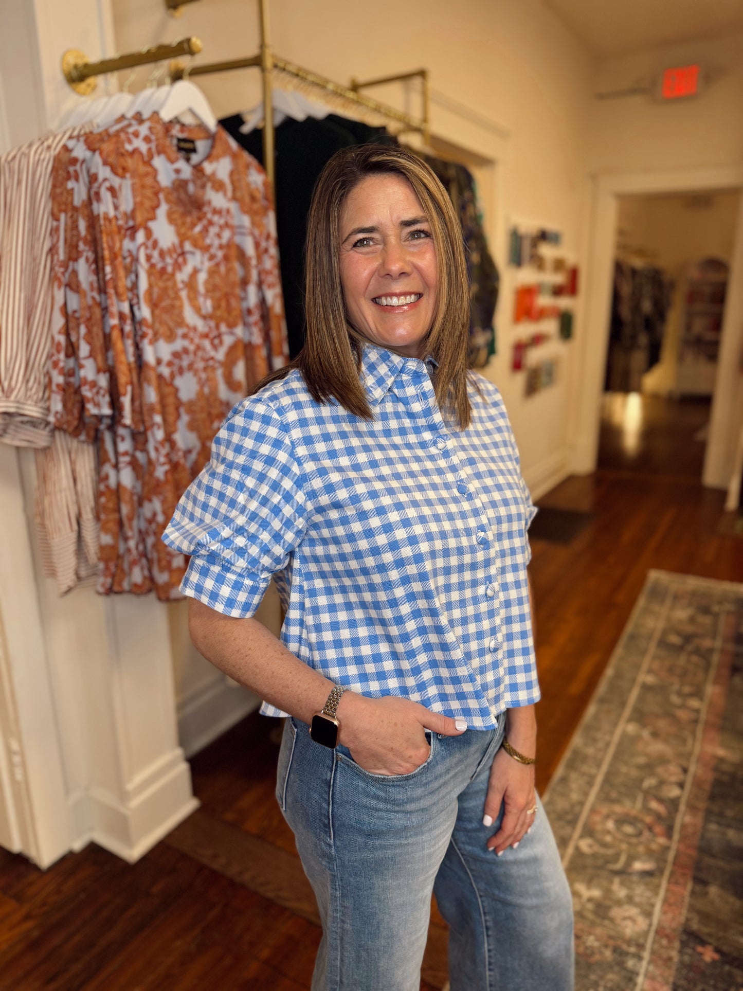 Libby Blue Gingham Puff Sleeve Top