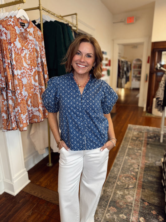 Hallie Floral Button Down Top - Navy