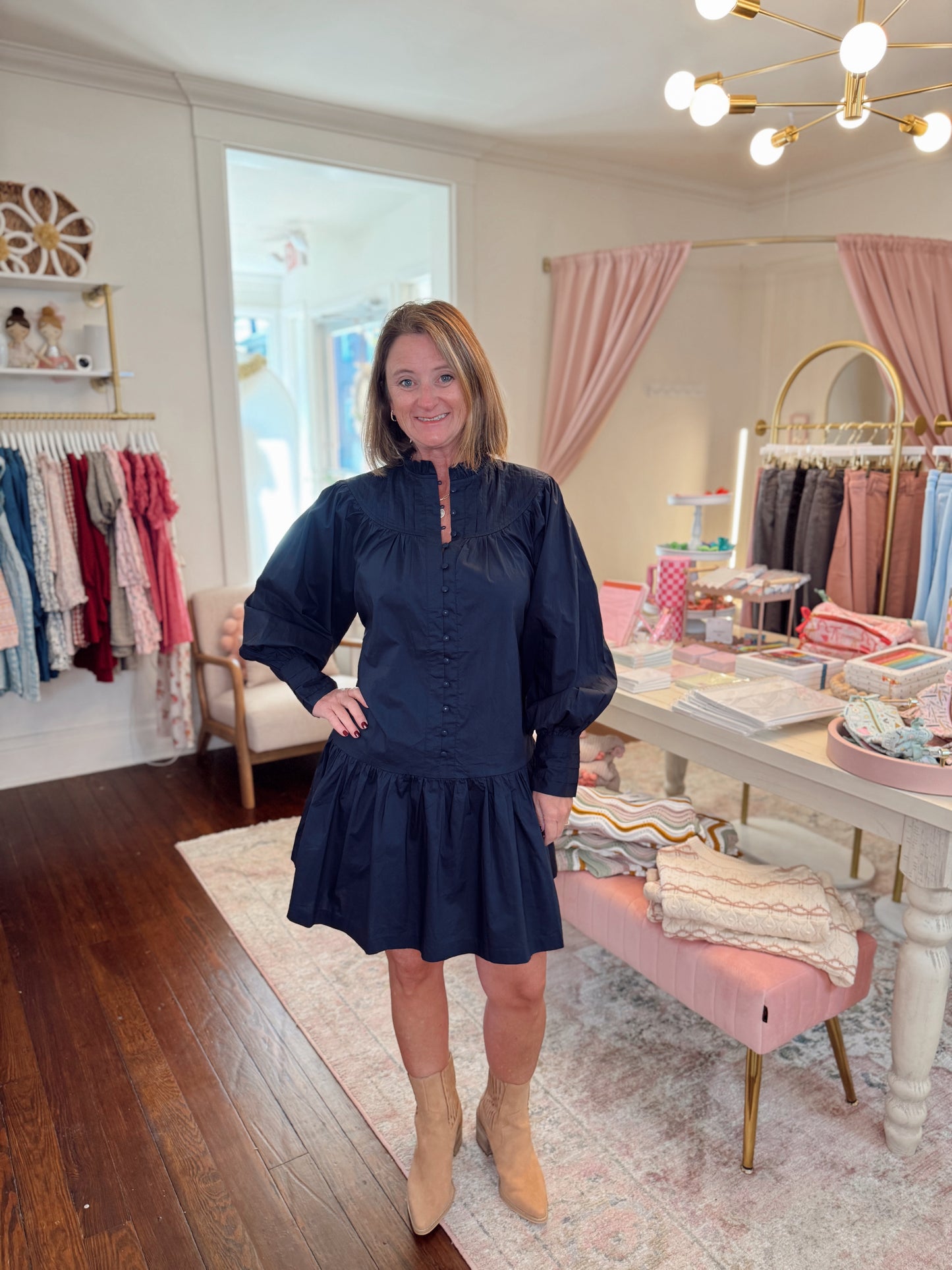 Indigo Ink Pleated Ruffle Dress