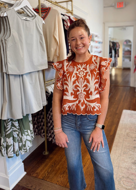 Rusty Smocked Sleeve Top