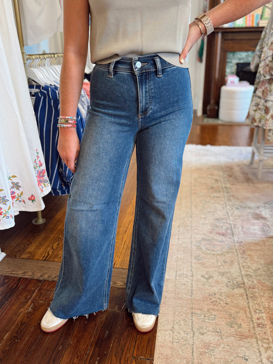Flat Front High Rise Wide Leg Jeans