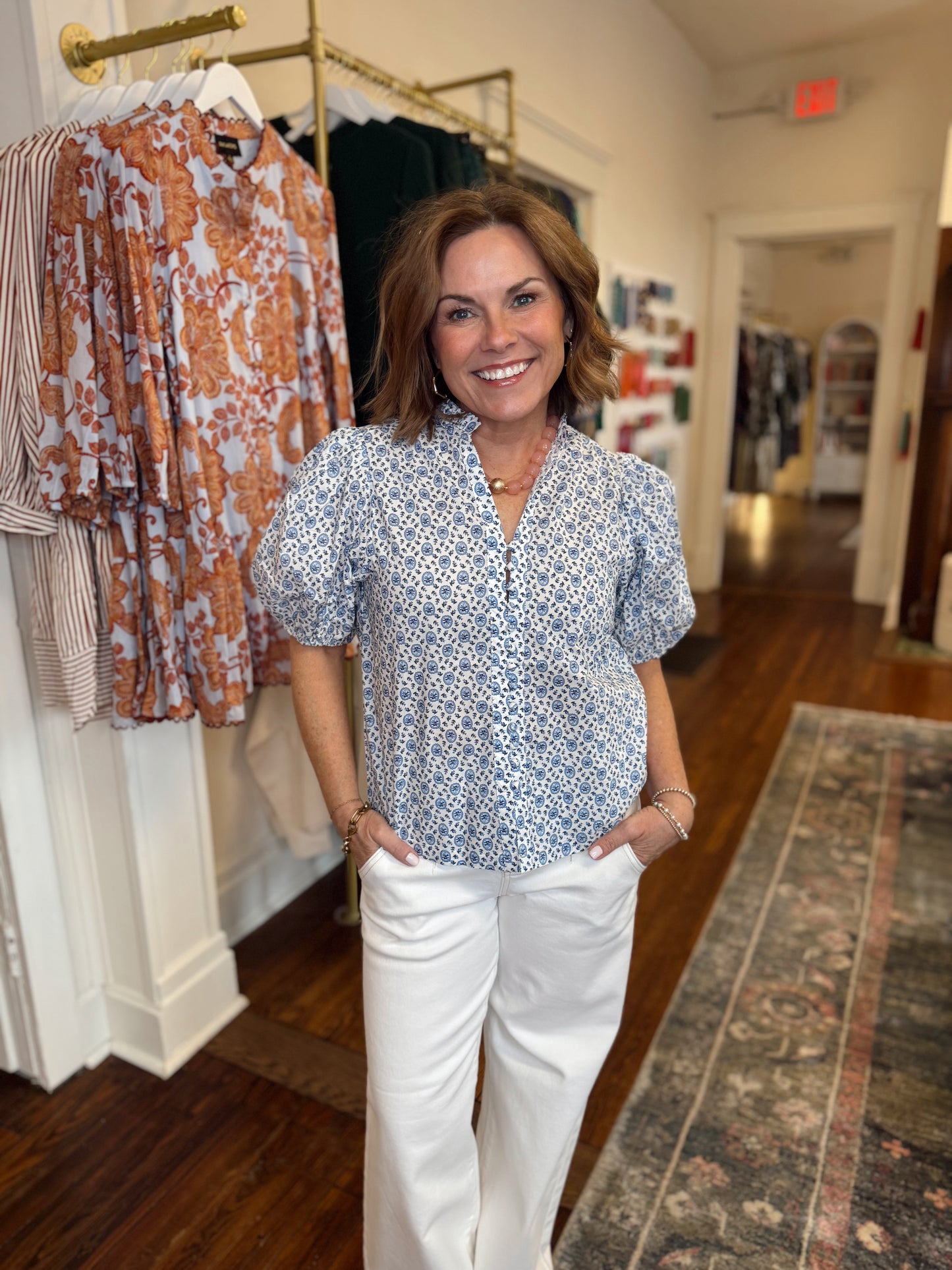 Hallie Floral Button Down Top - White/Blue