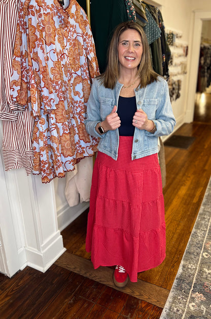 Lovely Gingham Tiered Maxi Skirt