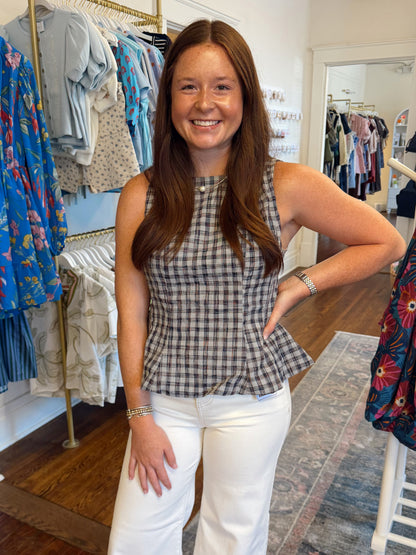 Emilee Navy Plaid Peplum Top