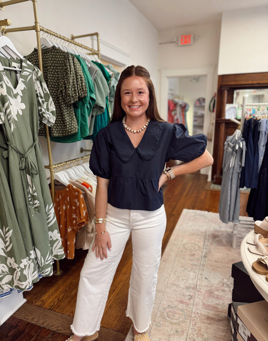 Catalina Navy Puff Sleeve Top