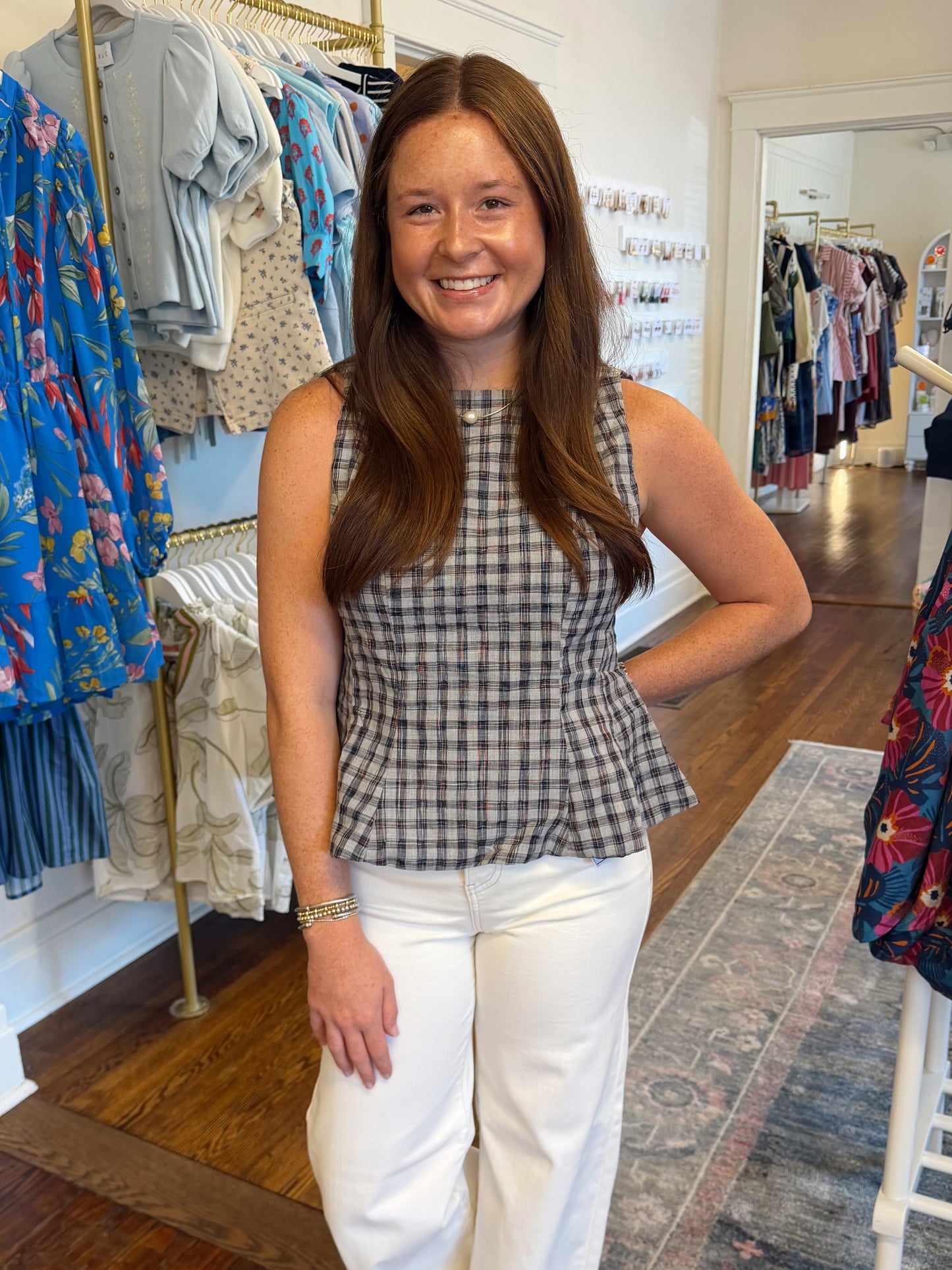 Emilee Navy Plaid Peplum Top