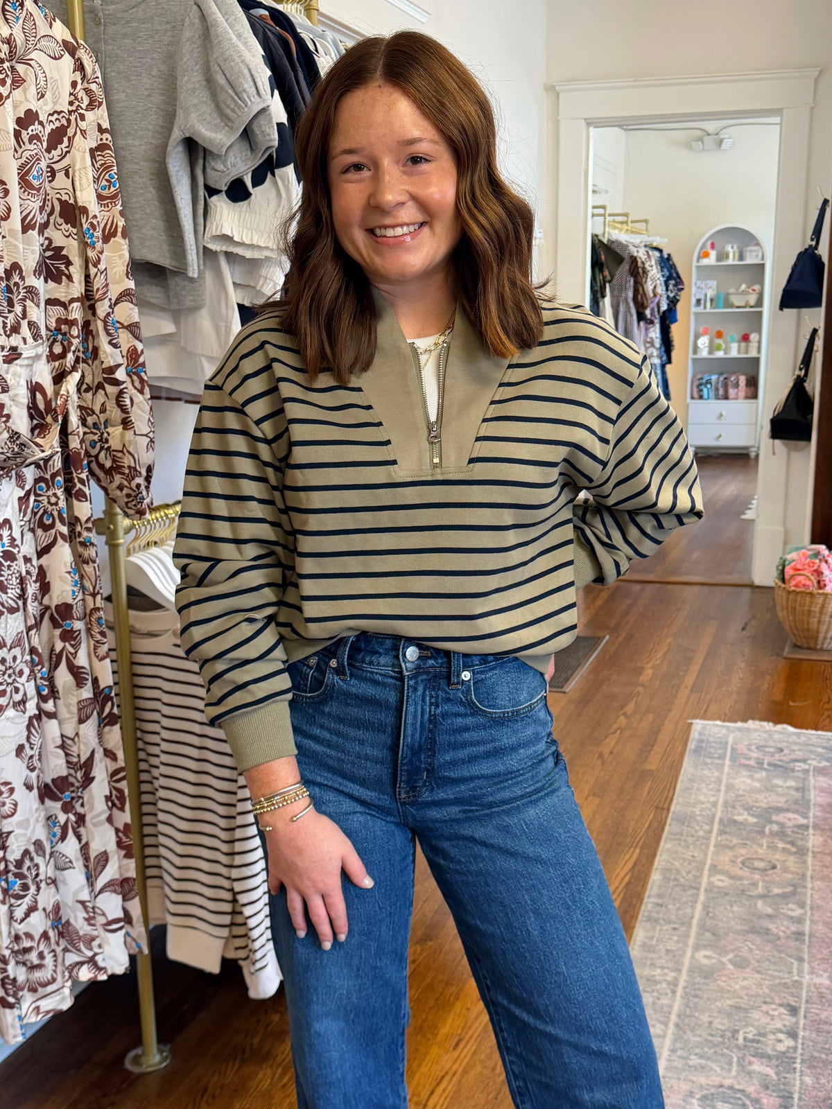 Haven Stripe Half Zip - Olive/Navy
