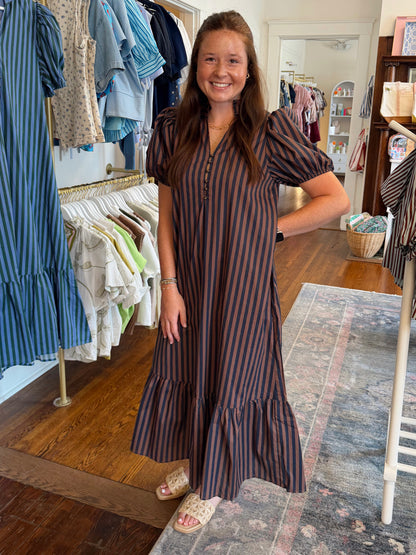Vincent Stripe Dress - Navy/Brown