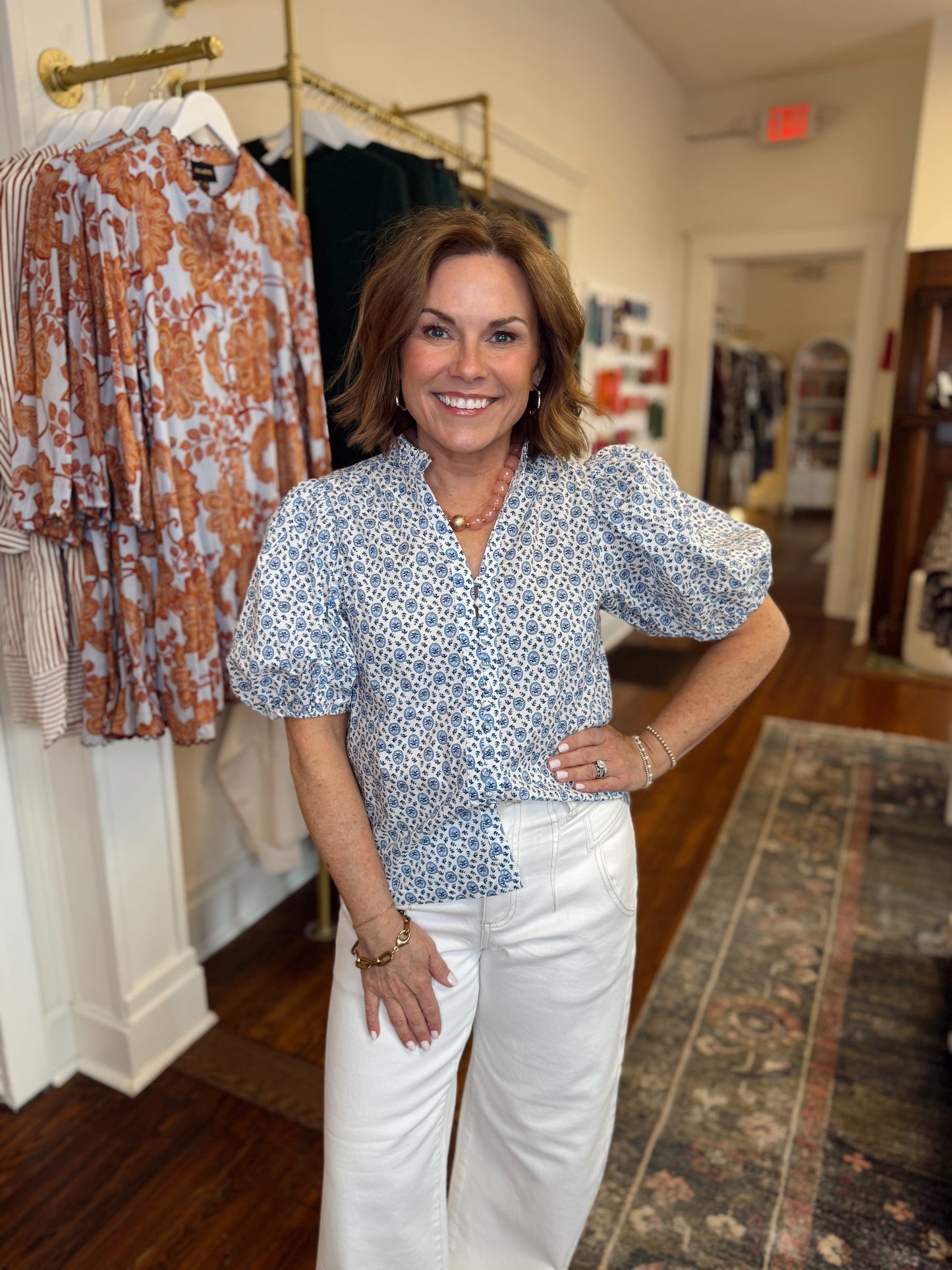 Hallie Floral Button Down Top - White/Blue