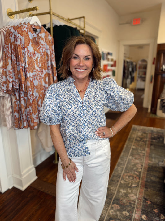 Hallie Floral Button Down Top - White/Blue