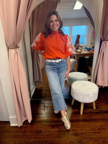 Orange & White Puff Sleeve Top