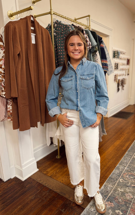 Shirring Sleeve Denim Top