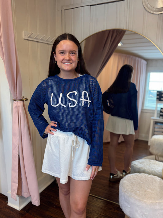 USA Rope Embroidered Crocket Sweater-Blue