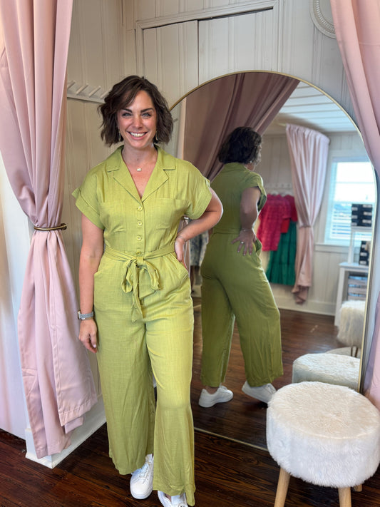 Chartreuse Belted Jumpsuit
