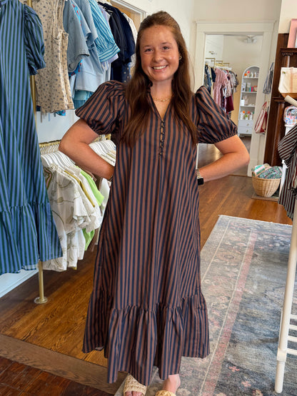 Vincent Stripe Dress - Navy/Brown