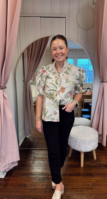 Cream Floral Puff Sleeve Top