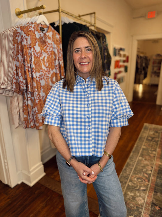 Libby Blue Gingham Puff Sleeve Top