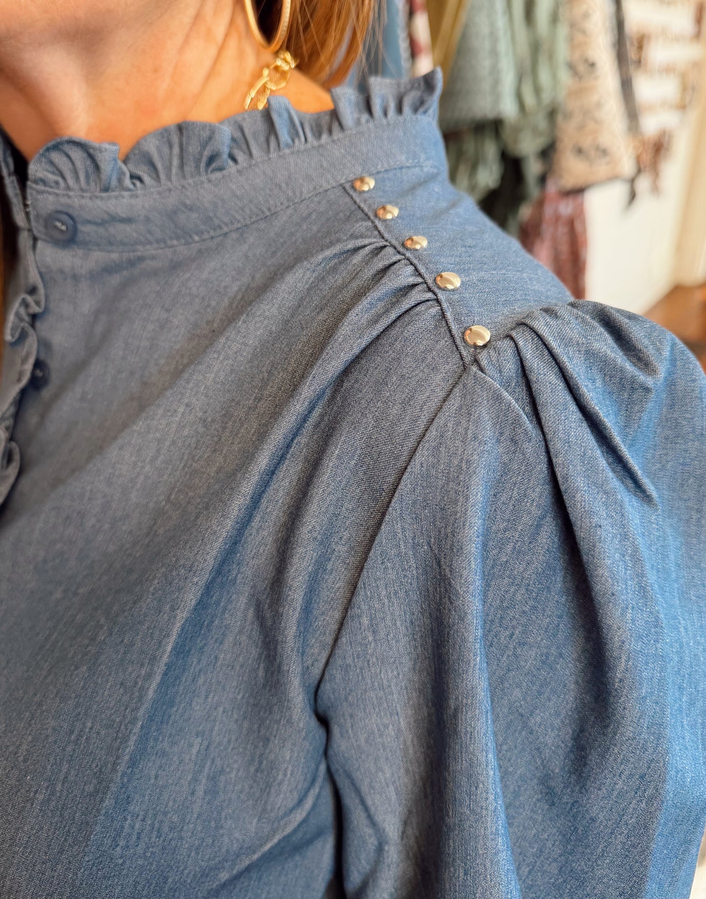 Studded Ruffle Top - Denim