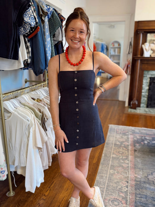 Sariah Button Front Linen Dress - Navy