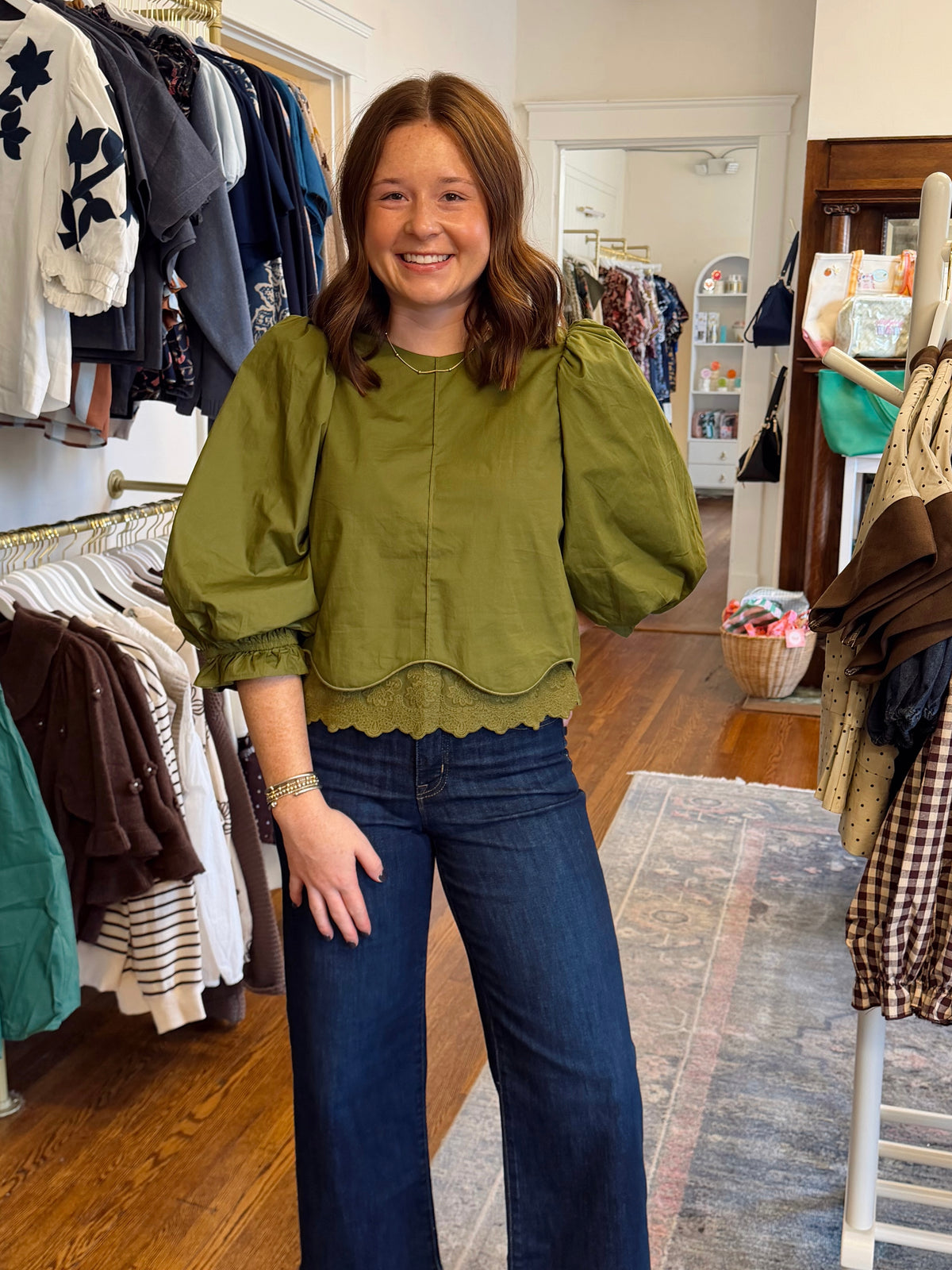Tara Lace Trim Top - Olive