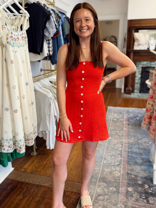 Sariah Button Front Linen Dress - Red