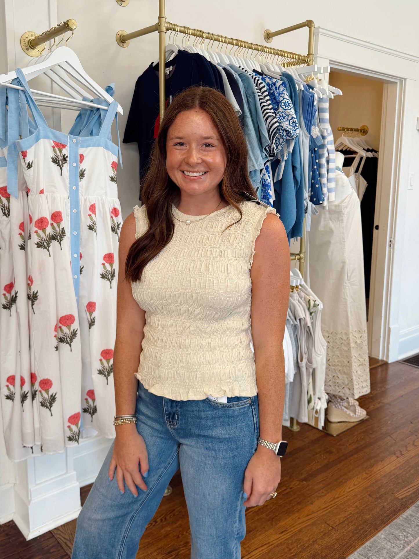All Over Smocking Cream Top