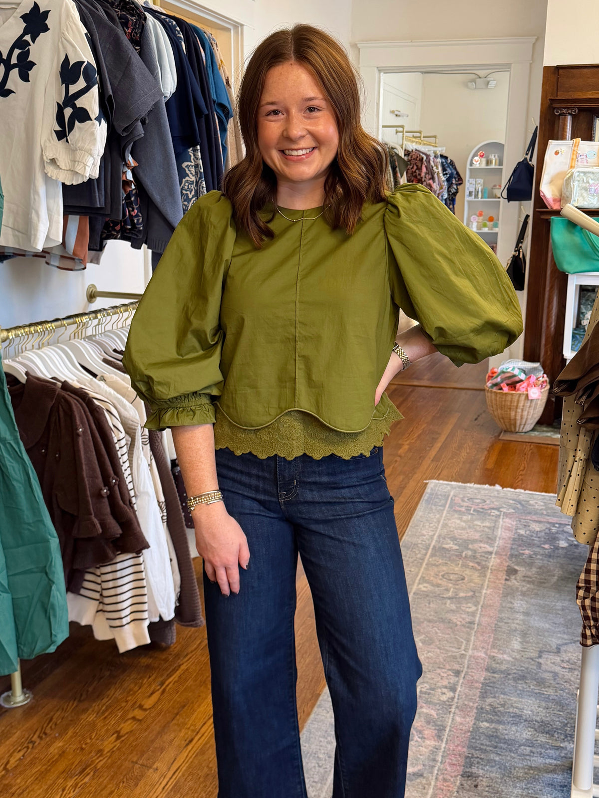 Tara Lace Trim Top - Olive