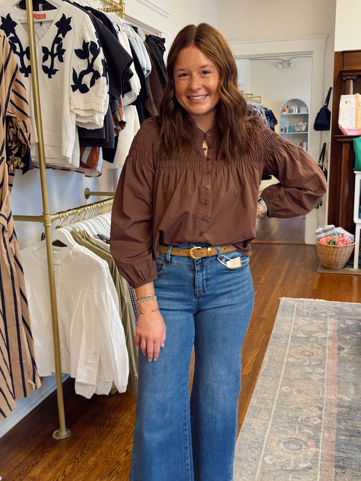 Kellar Smocked Button Down - Brown