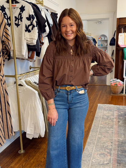 Kellar Smocked Button Down - Brown