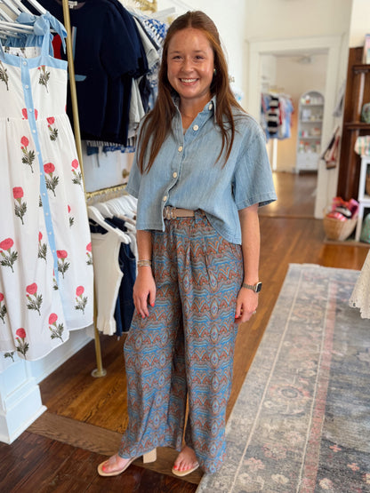 Abstract Blue Pleated Pants
