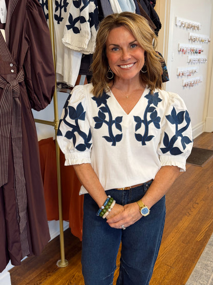 Kendra Embroidered Puff Sleeve Top