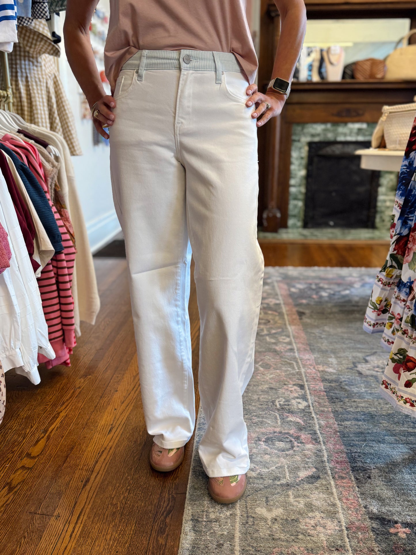 White Contrast Waistband Jeans