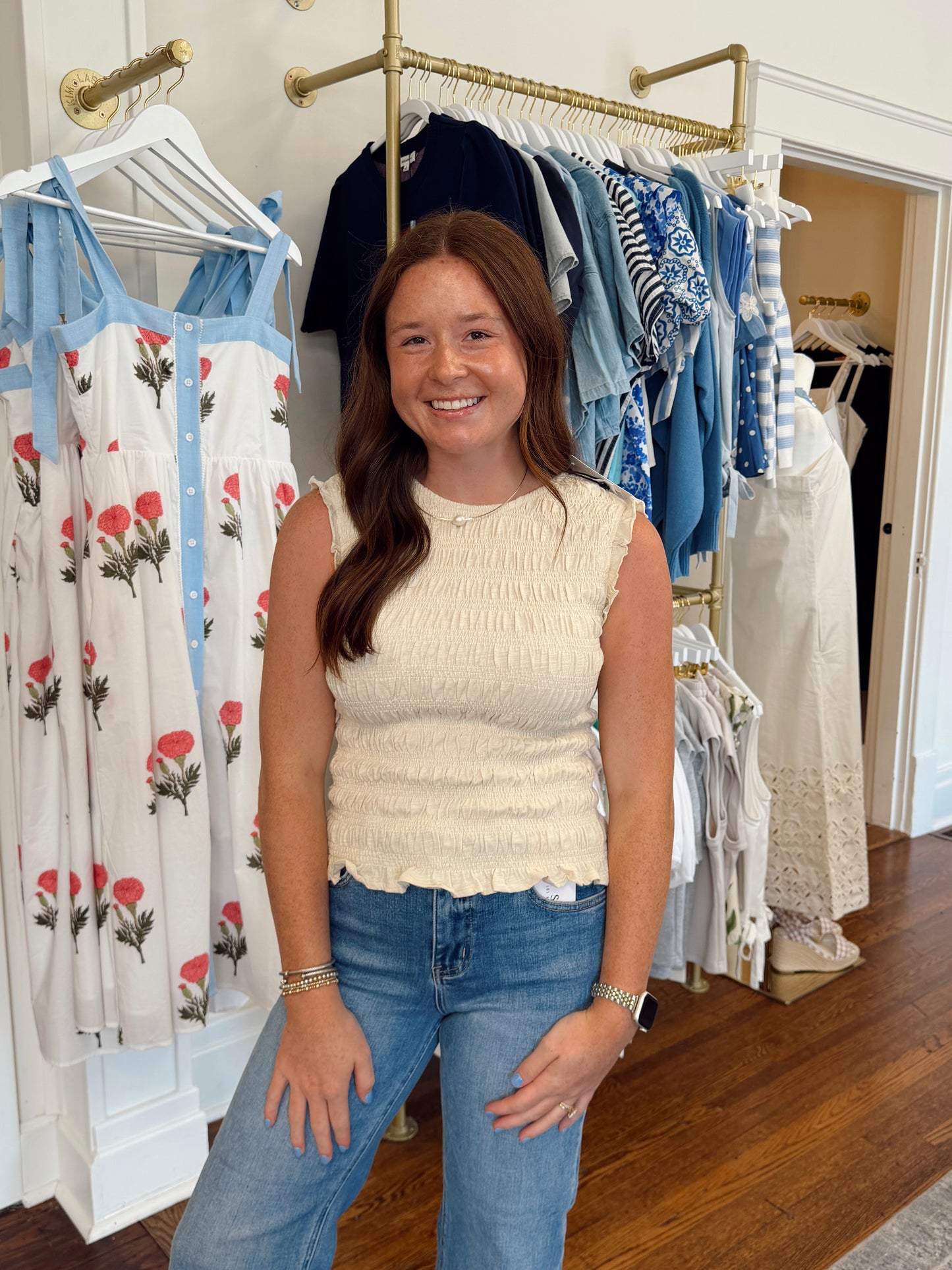 All Over Smocking Cream Top