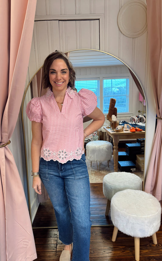 Pink Striped Scallop Top