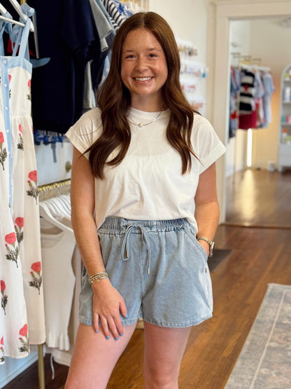 Side Button Denim Drawstring Shorts