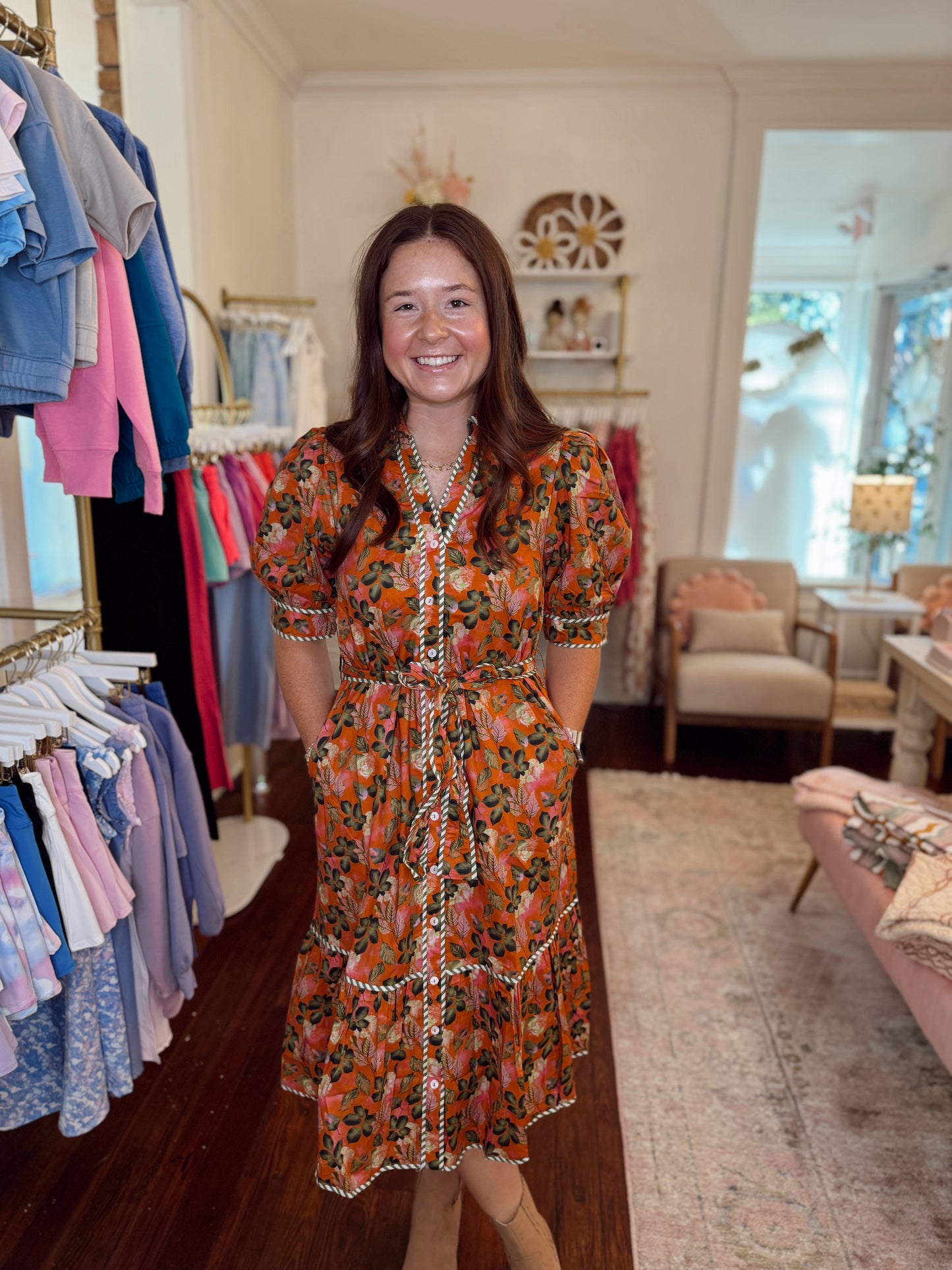 Millie Orange Floral Midi Dress