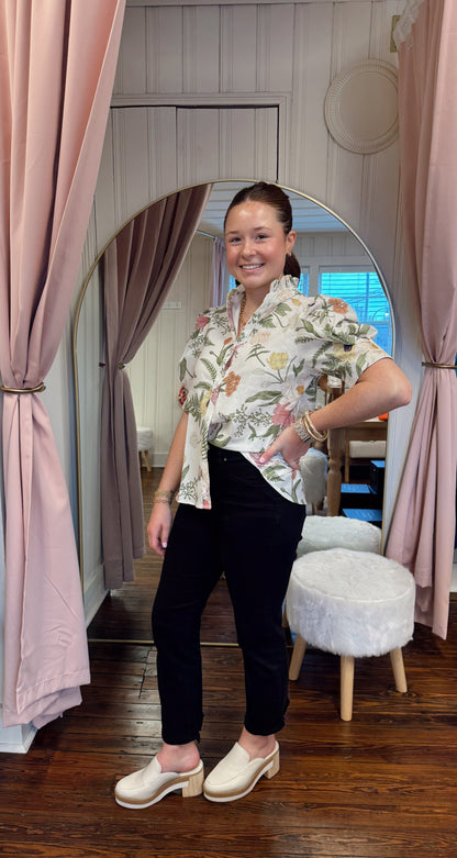 Cream Floral Puff Sleeve Top