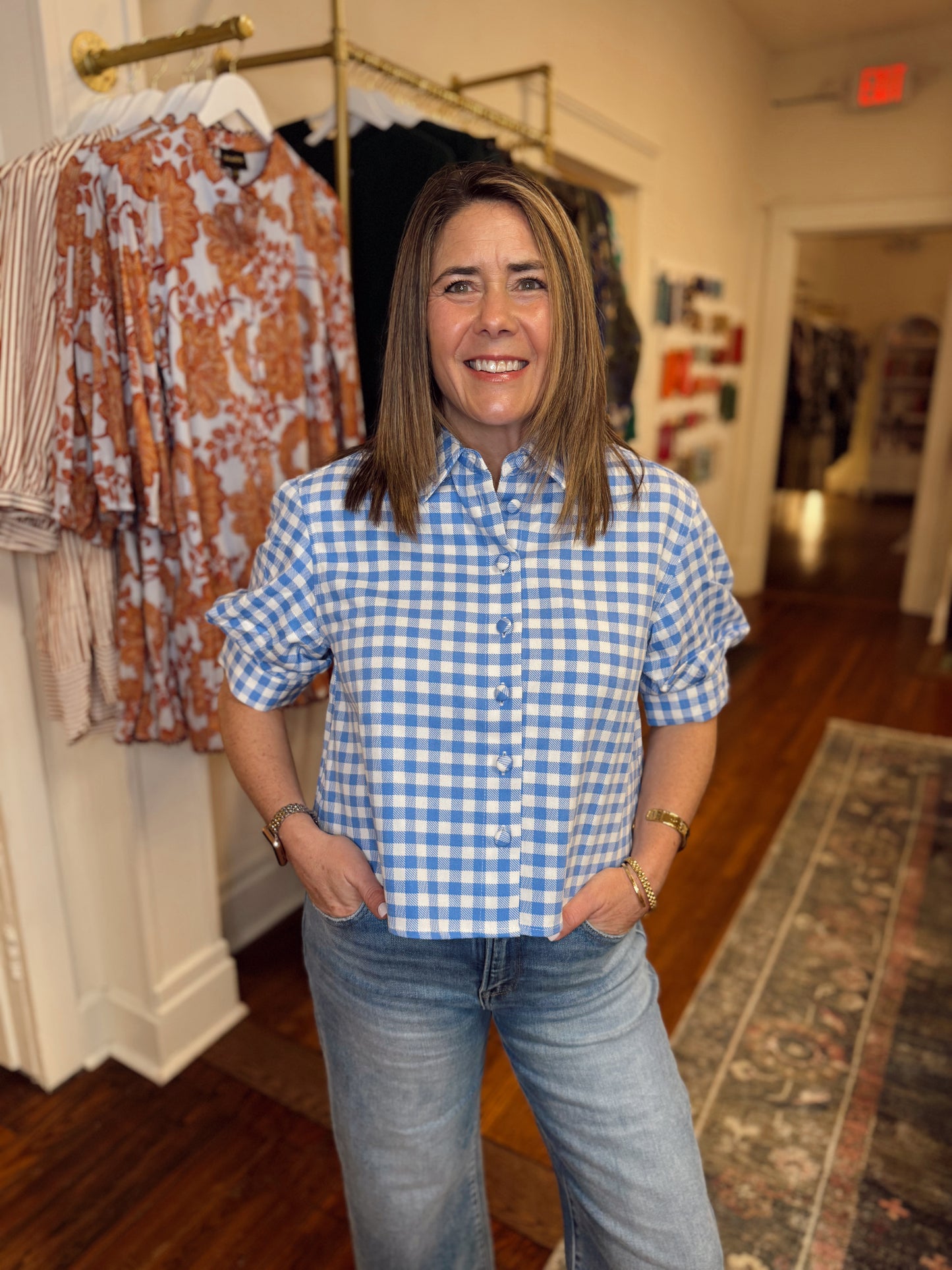 Libby Blue Gingham Puff Sleeve Top