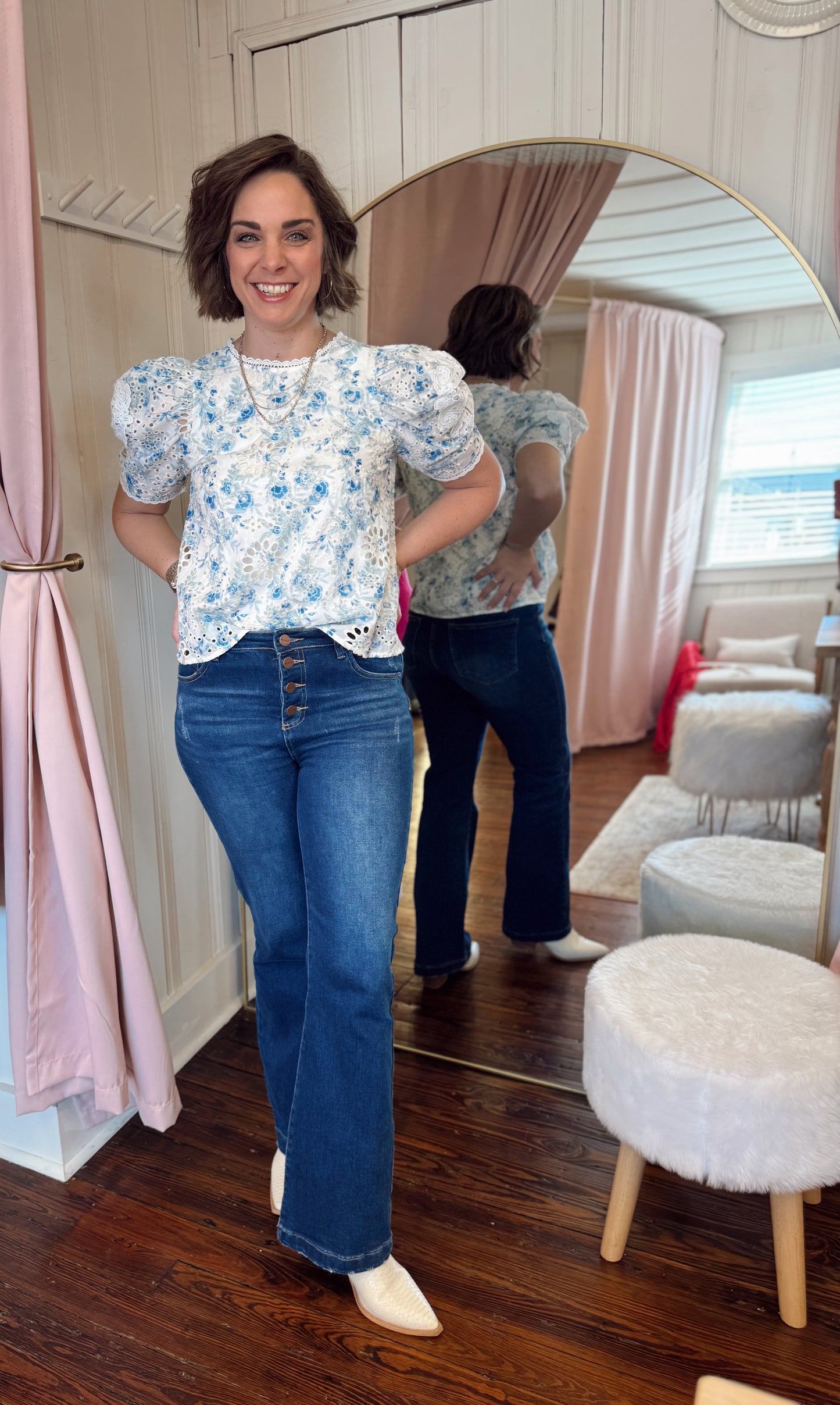 Blue Floral Eyelet Puff Sleeve Top