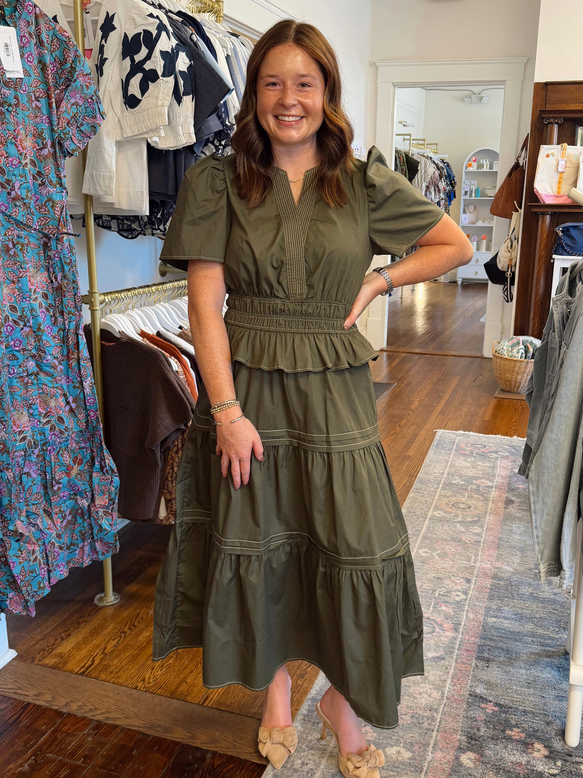 Annabeth Tiered Olive Dress
