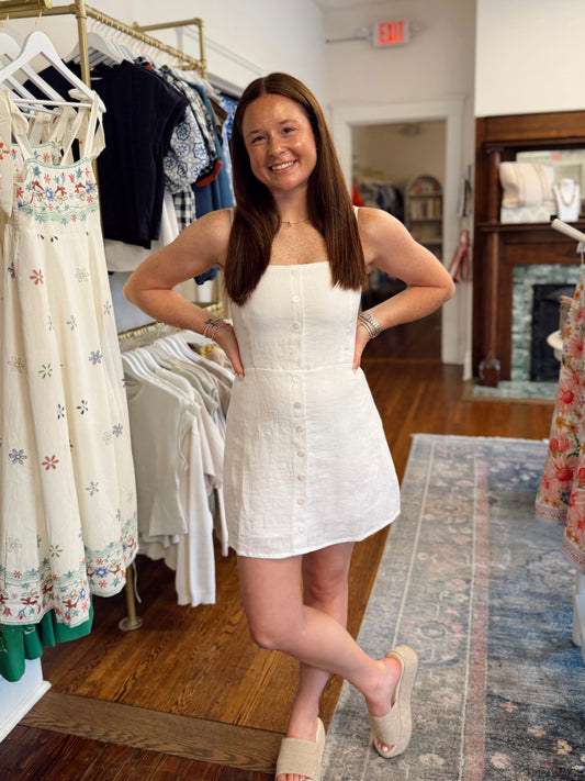 Sariah Button Front Linen Dress - White