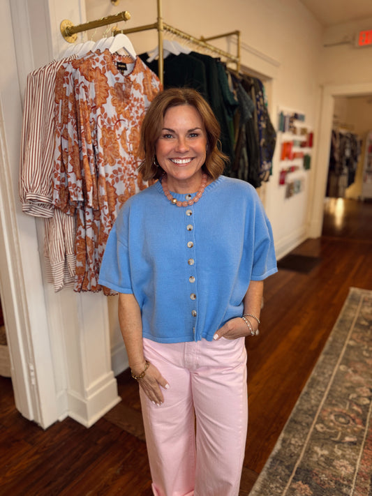 Ellison Short Sleeve Cardigan - Coastal Blue