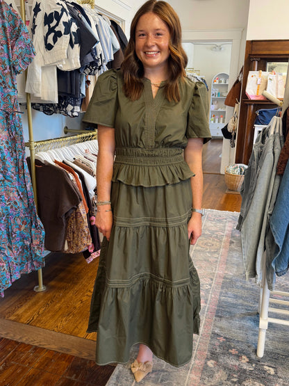 Annabeth Tiered Olive Dress